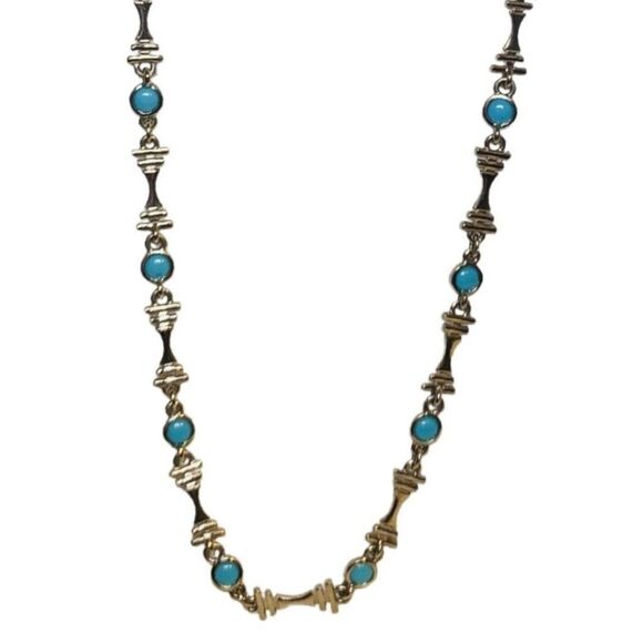 Blue Turquoise Silver Tone Station Vintage Bohemian Minimalist Necklace 27” - Picture 1 of 13